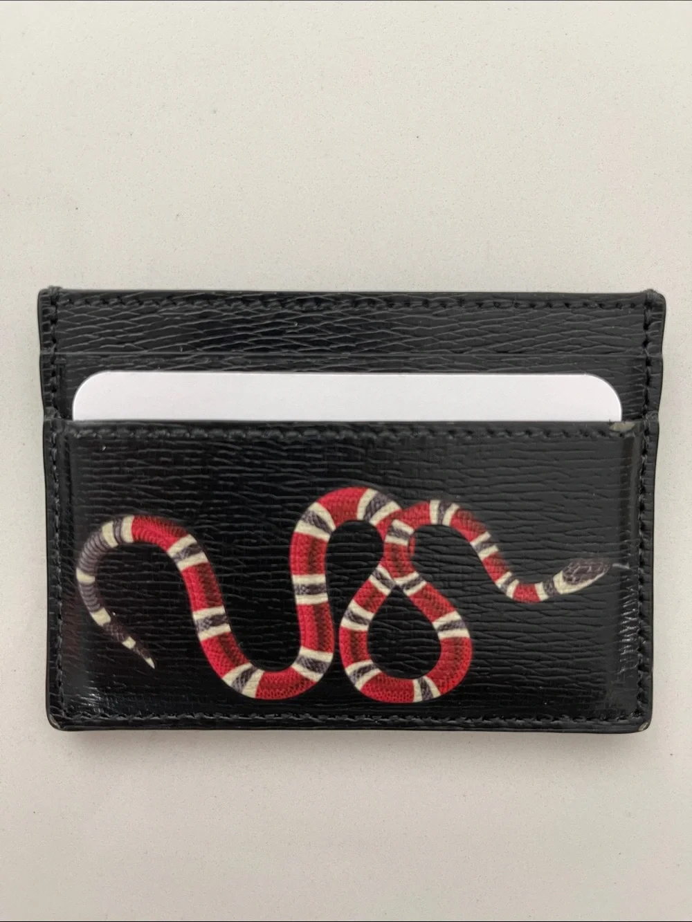 Gucci Black Leather Card Holder with Red & White Snake Motif